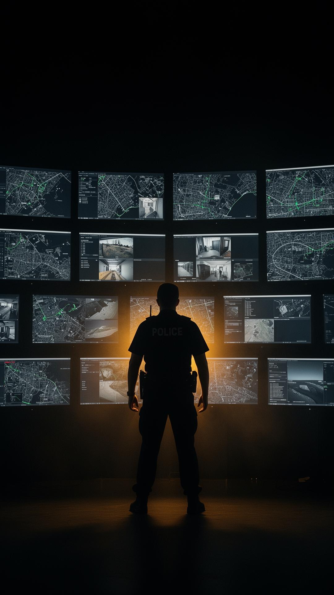 Security operator monitoring a wall of surveillance feeds