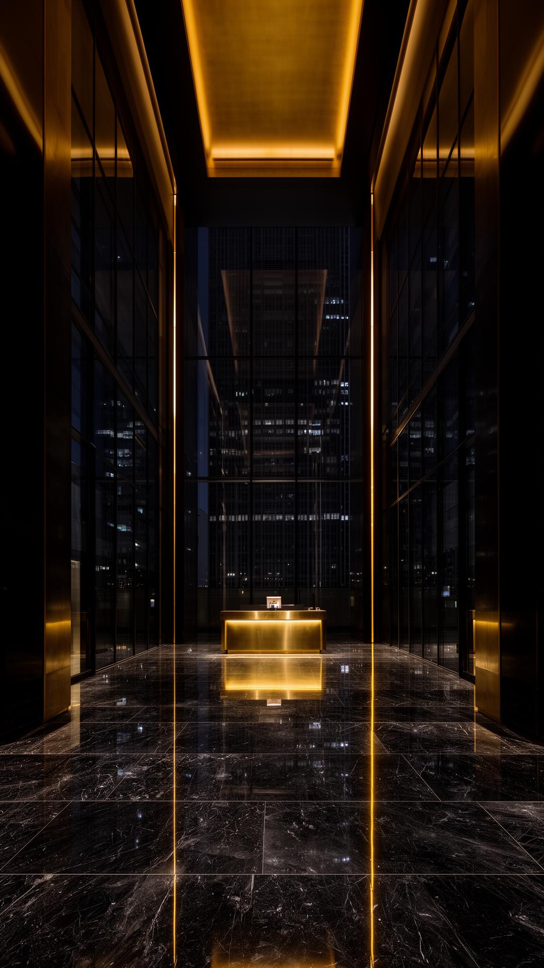 Dark marble lobby with warm gold accent lighting